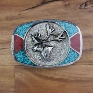 Vintage Silver Tone Belt Buckle, Elk Center,Turquoise,Unisex, 3in Long, Western